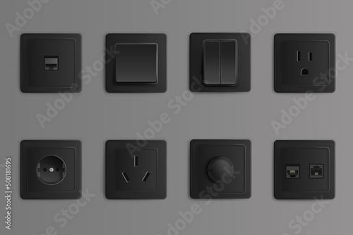 Electric sockets and switches on wall. Vector realistic set of 3d different types toggles and outlet for chinese, european and russian plugs, adapter connectors. Black plastic house supplies
