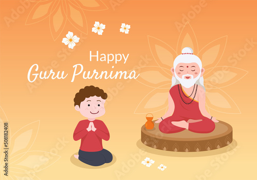 Happy Guru Purnima of Indian Festival to Spiritual and Academic Teachers in Flat Cartoon Flower Background Illustration