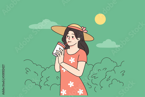 Happy young woman enjoy summer drink cold refreshing drink walking in park. Smiling girl in summertime wear having hydrating cooling juice or cocktail. Refreshment. Vector illustration. 