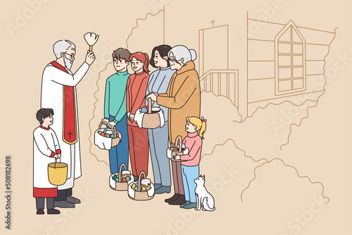 Priest holding aspersorium with holy water blessing people at church worship on Eater morning. Clergymen sanctify parishioners with aspergillum. Faith and religion. Vector illustration. 