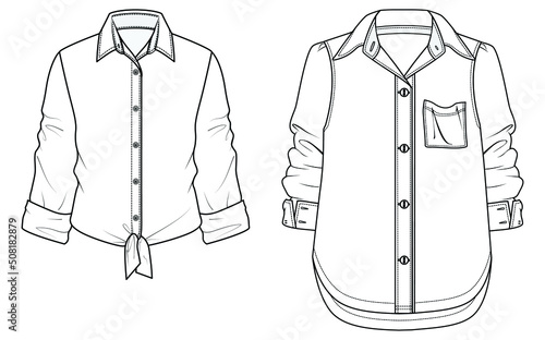 women long sleeve shirt flat sketch vector illustration. button down collar shirt technical drawing, apparel template cad mockup. isolated on white background.