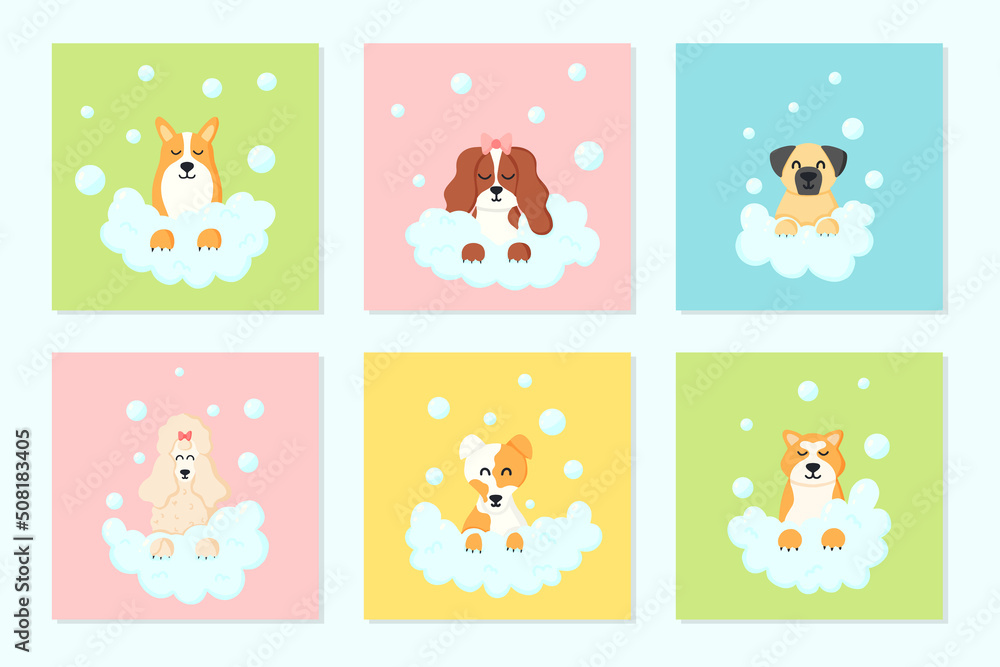 Grooming salon. Set of banner for beauty salon. Vector illustration in cartoon style. Cute dogs in a bubble bath. Animal care.