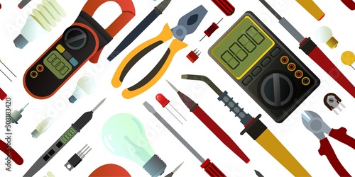 Tools for electrician. Repair of radio electronic and microprocessor equipment. Spare parts components and service. Isolated on white background. Seamless pattern. Vector