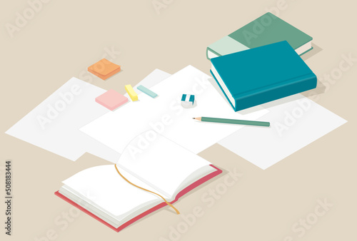 散らばった書類と本のイラスト