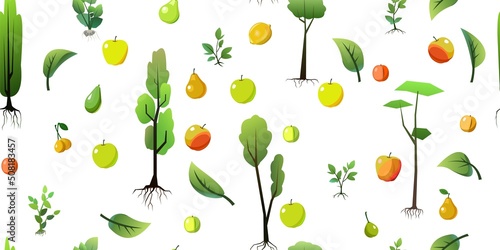 Seedlings of young trees with roots. Garden plants. Ripe fruits plantings. Isolated on white background. Seamless pattern. Vector