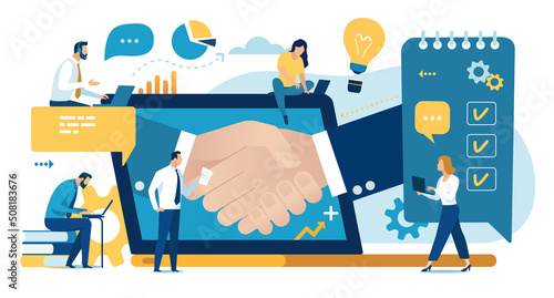 Team working. Reaching contract online. Business vector illustration.