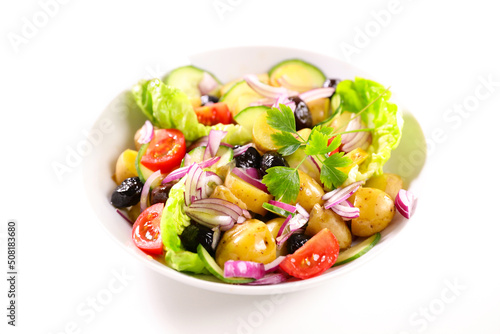 mixed potato salad on white background