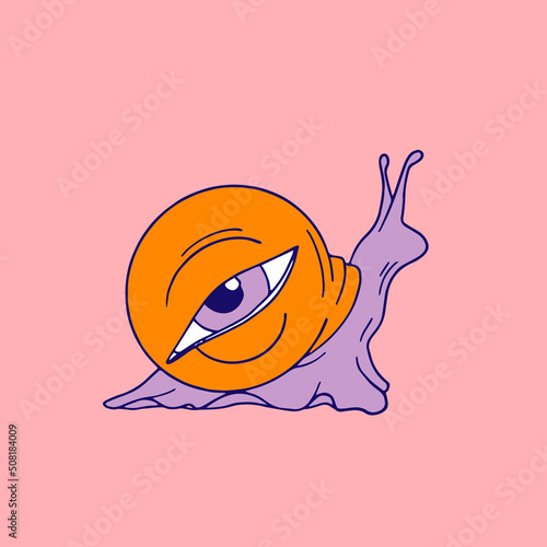 Vector hand drawn illustration of snail with human eye. Creative abstract artwork . Template for card, poster, banner, print for t-shirt, pin, badge, patch.