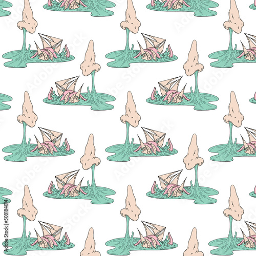 Vector pattern with hand drawn minimalistic illustration of nose with yacht, tentacles. Creative surreal abstract artwork . Template for card, poster, banner, print for t-shirt, pin, badge, patch.