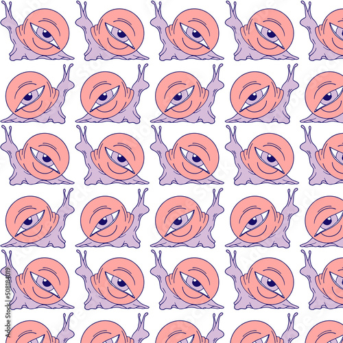 Vector pattern with hand drawn illustration of snail with human eye. Creative abstract artwork . Template for card, poster, banner, print for t-shirt, pin, badge, patch.