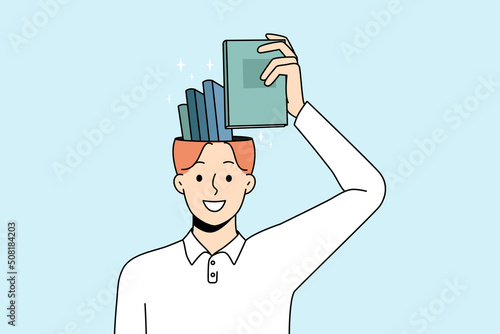 Smiling man put book in head remembering. Happy wise guy take textbook from brain showing excellent memory. Education and knowledge concept. Flat vector illustration. 