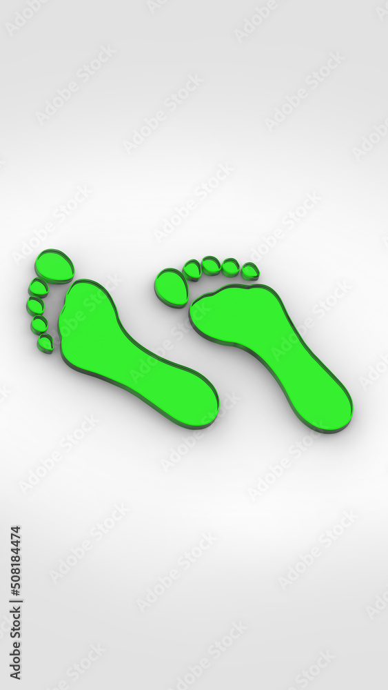 two green glass bare footprints. bare footprint close up. Vertical image. 3D image. 3D rendering. two green glass bare footprints. bare footprint close up. Vertical image. 3D image. 3D rendering.