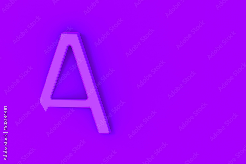 Letter A Is violet on violet background. Part of letter is immersed in background. Horizontal image. 3D image. 3D rendering. Letter A Is violet on violet background. Part of letter is immersed in background. Horizontal image. 3D image. 3D rendering.