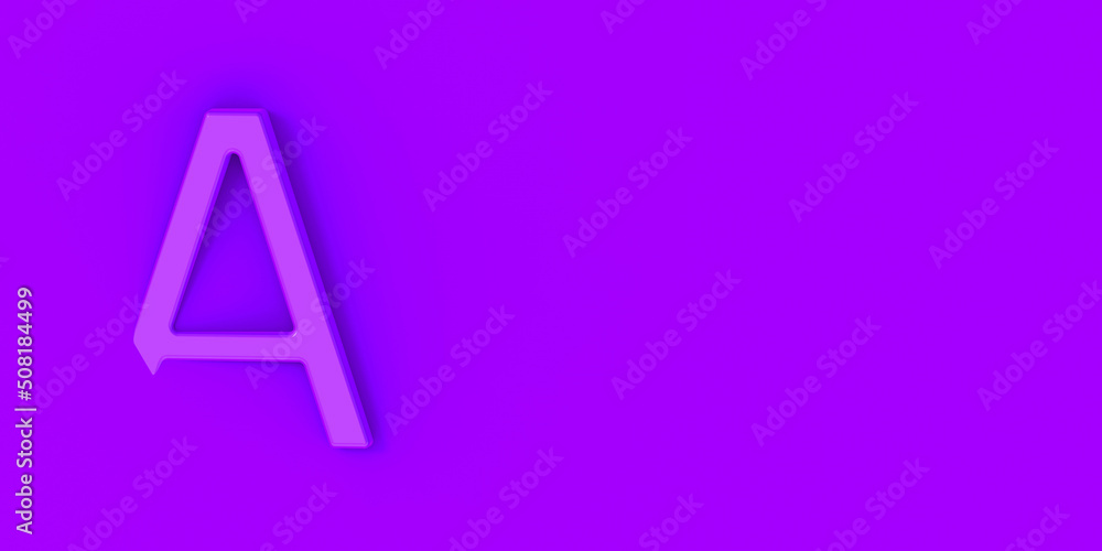 Letter A Is violet on violet background. Part of letter is immersed in background. Banner for insertion into site. Place for text cope space. Horizontal image. 3D image. 3D rendering. Letter A Is violet on violet background. Part of letter is immersed in background. Banner for insertion into site. Place for text cope space. Horizontal image. 3D image. 3D rendering.