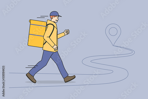 Smiling young courier guy with box deliver dinner or lunch to client. Happy deliveryman in hurry delivering order to customer. Fast express delivery service concept. Vector illustration. 
