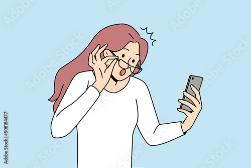 Shocked young woman take off glasses look at cellphone screen shocked by unexpected news online. Amazed girl surprised with message or text on smartphone. Flat vector illustration. 
