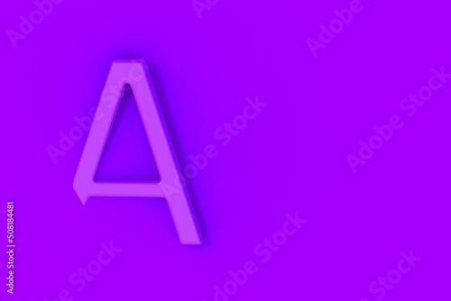Letter A Is violet on violet background. Part of letter is immersed in background. Horizontal image. 3D image. 3D rendering.