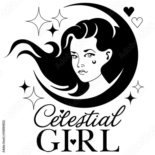 Silhouette design with celestial witchy-girl for print, tattoo or sublimation.Mystic crescent moon with female face. Witchcraft astrology and boho style elements: stars, devine omens