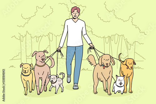 Smiling man walking dogs on leashes in park. Happy male walker provide professional pet walk service. Domestic animals care concept. Flat vector illustration. 