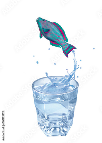 perroquet , poisson, pêche, évasion, sauter, eau, en verre, boire, clapoter, liquide, froid, isolé, glace, boisson, blanc, bleu, bouillonner, éclaboussure, frais, abattre, clair, verser, sain, objet,  photo