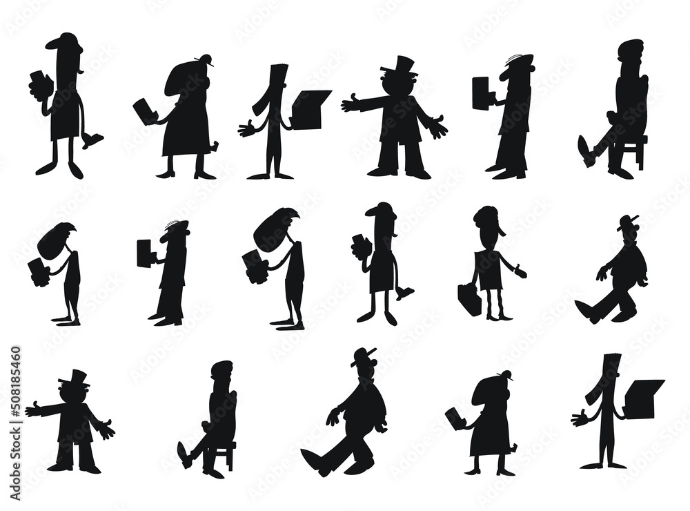 Funny cartoon people characters Silhouettes premium vector template