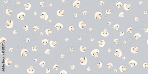 Seamless pattern heap of fresh appetizing champignon mushrooms isolated on grey. Organic fungus whole, cut into slices. Template for textile, packaging materials, wallpapers, wrapper. Vector