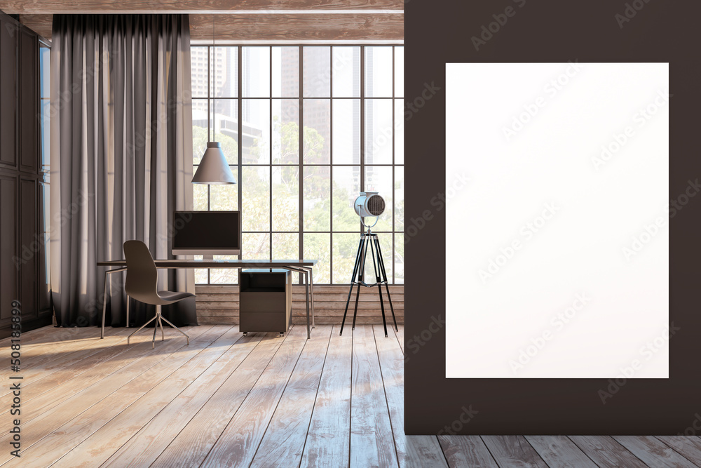 Front view on big blank poster on dark wall in spacious modern interior design office with wooden floor and ceiling, vintage projector, grey curtain and stylish workplace. 3D rendering, mock up Front view on big blank poster on dark wall in spacious modern interior design office with wooden floor and ceiling, vintage projector, grey curtain and stylish workplace. 3D rendering, mock up