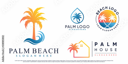 Set of palm tree and beach logo design illustration with creative element Premium Vector