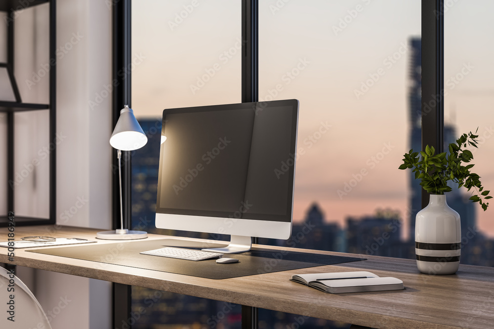 Modern office interior with book shelves, furniture, panoramic city ...