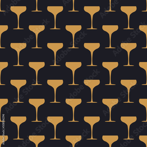 Seamless pattern with glass of сhampagne. Alcohol drink in art deco style. Golden icon of cocktails style of the 1920s-1930s. Vintage design for print on wrapping paper, wallpaper.Vector illustration