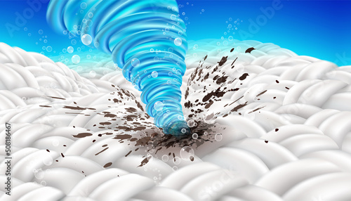 Close up of textiles showing cleaning and removing out stains on fabric fiber such as blood stains, coffee stains Ads for detergent products, cleaners, advertisements, posters, banners. EPS file.