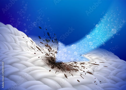 The power of stain removal Enlarged fabric fiber dirt, blood stains, coffee stains, sauces help keep clothes clean For advertisements Detergent, cleaner, bleach white. Realistic EPS file.