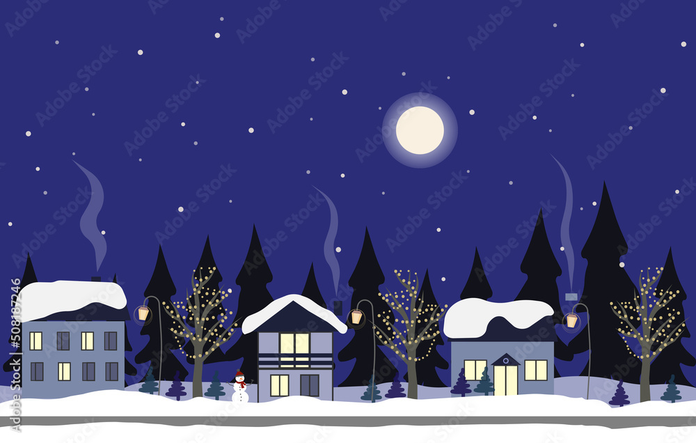 Winter night city in retro style. Christmas background with houses, moon, cars. Cozy town in a flat style. Cartoon jpg image illustration.Night winter countryside seamless border with trees and houses