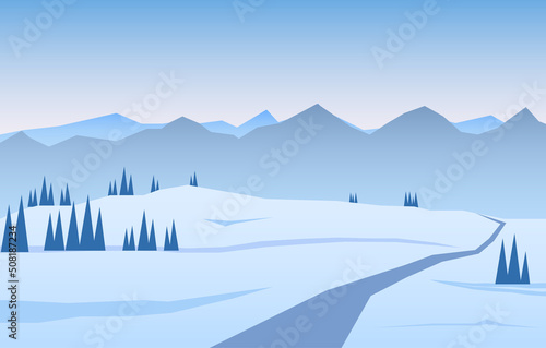 winter jpeg illustration: Winter snowy flat cartoon mountains landscape with road, hills and pines. Christmas background. jpg image 