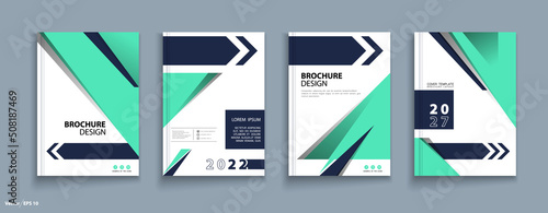 Brochure, cover design, heading. Abstract composition, infographic, flyer font. Modern vector of the first page of art. Blue, green triangles and arrow design. Business card set. Quote figure sign, a4