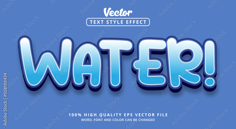 Editable text effects, Water text in modern style and cartoon style on white blue