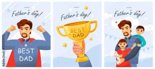 A set of postcards for Father's Day. The best dad. Father with children. Cartoon vector illustration