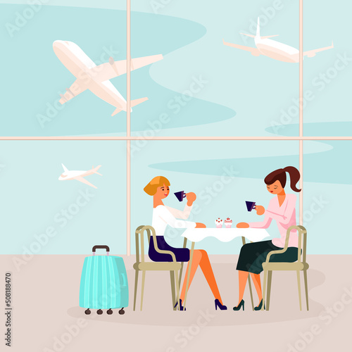 Young women sitting at the airport lounge cafe with suitcase.