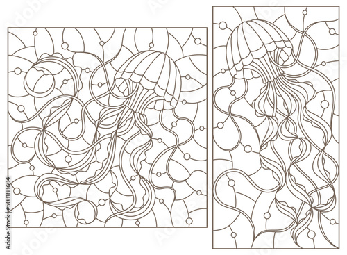 A set of contour illustrations of stained glass Windows with jellyfish on a background of water and air bubbles, dark contours on a white background