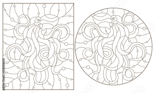 Set of contour illustrations in stained glass style with octopuses, round and rectangular image, dark contours on a white background