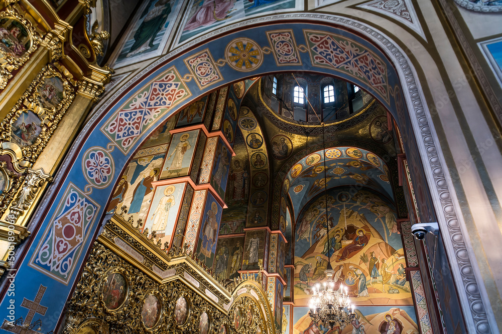 Fragments of frescoes wall paintings on the walls of the St. Michael Golden-Domed Cathedral in Kyiv, Ukraine August 2021