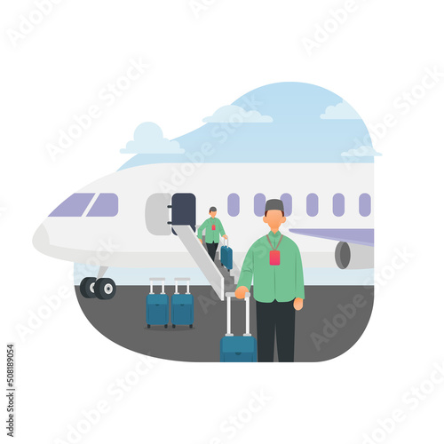 Muslim people get off the plane to perform hajj in mecca vector illustration