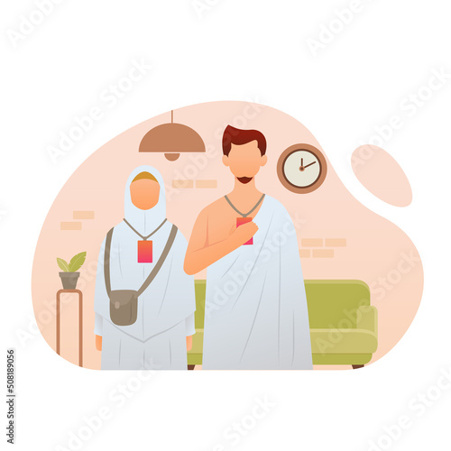 Muslim pilgrim wearing ihram clothes to perform hajj and umrah vector illustration