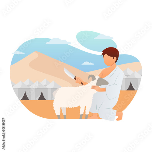 Festival marks the end of hajj and involves animal sacrifice as a symbol of Ibrahim's sacrifice to Allah vector illustration