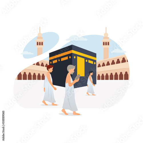 Tawaf is walking around Kaaba seven times. Hajj and umrah vector illustration