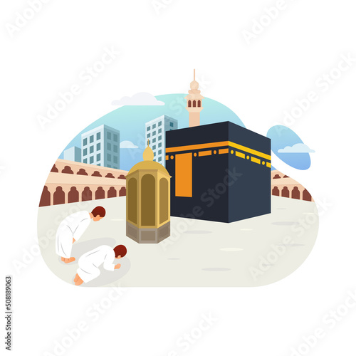 Praying behind the maqam ibrahim after tawaf hajj and umrah vector illustration