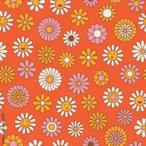 Vintage floral background. Hippie style vector seamless pattern. Nostalgic retro 70s groovy print. Textile and surface design in old fashioned colors