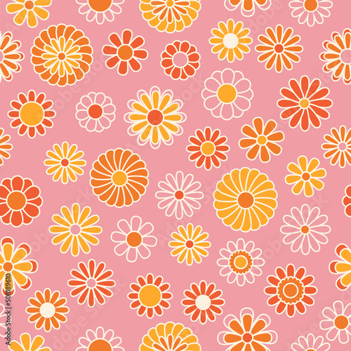 Vintage floral background. Hippie style vector seamless pattern. Nostalgic retro 70s groovy print. Textile and surface design in old fashioned colors