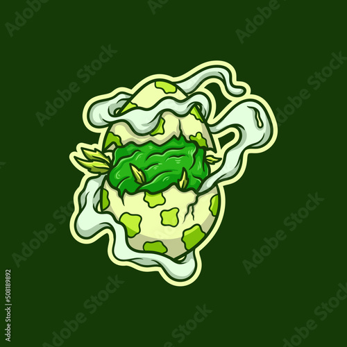 Weed nugget inside a cracked egg shell and covered in smoke vector illustration