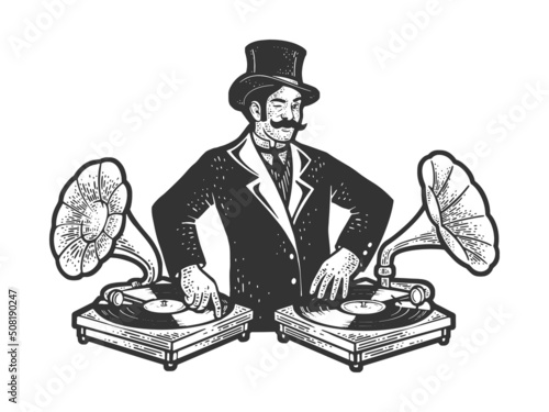 Fotografia, Obraz Old fashioned DJ disc jockey at mixer console with vintage gramophones phonograph sketch engraving vector illustration